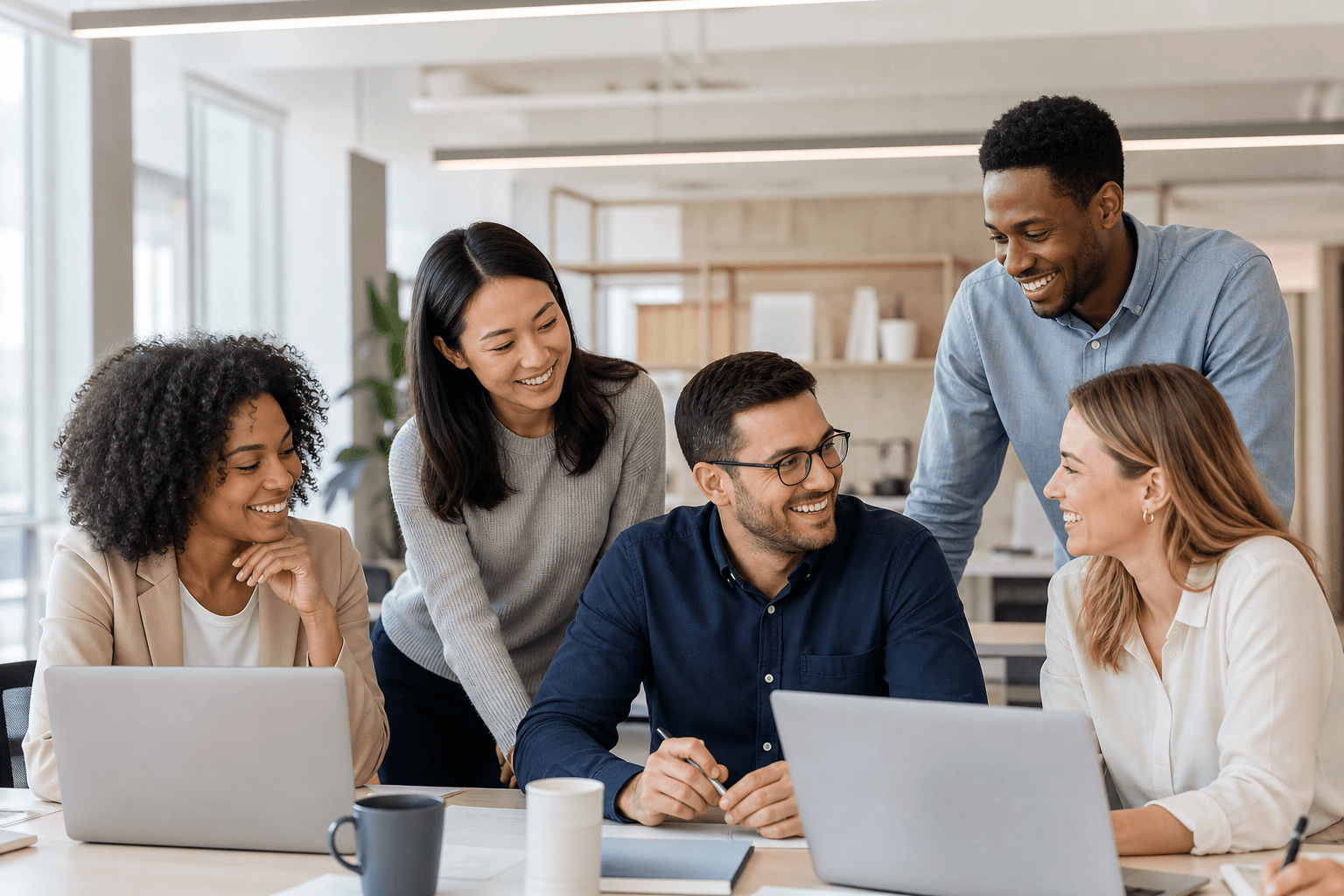 Equipo de trabajo colaborando en oficina corporativa